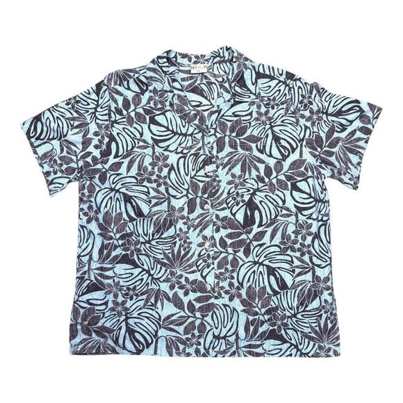 Vintage Hawaiian Print Short Sleeve Button-Up Shirt XL Light Blue Go Barefoot - Picture 1 of 4